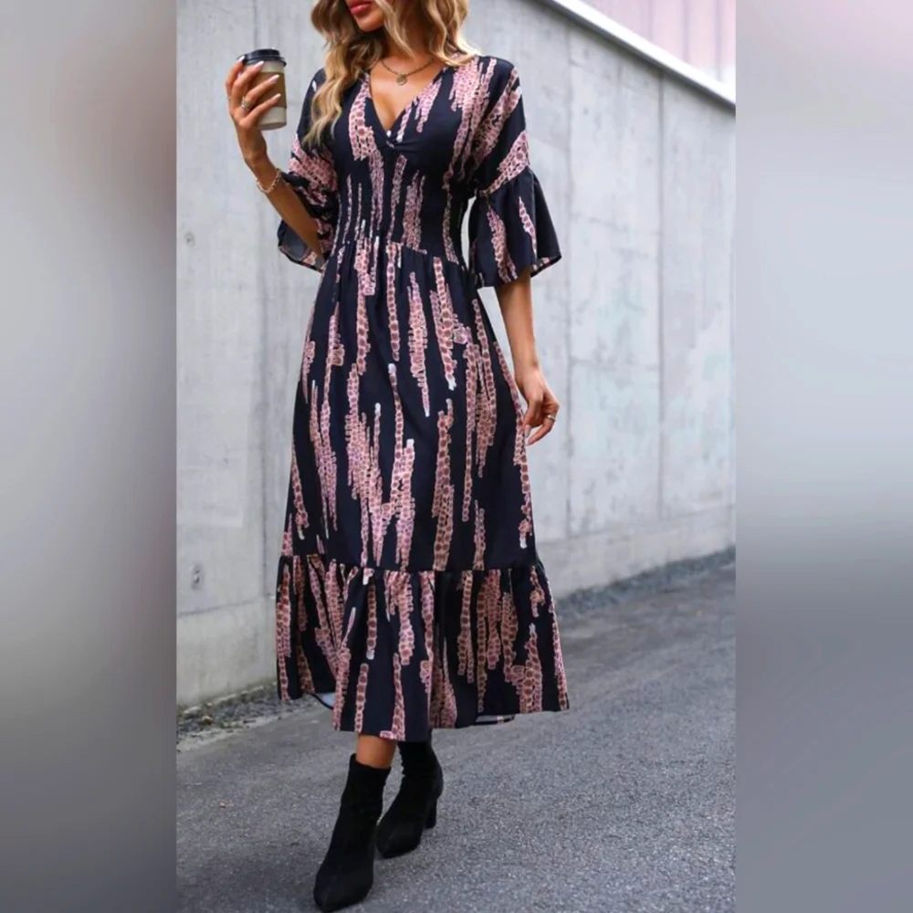 Midi 3/4 Sleeves Black & Brown Dress - Picture 1 of 5